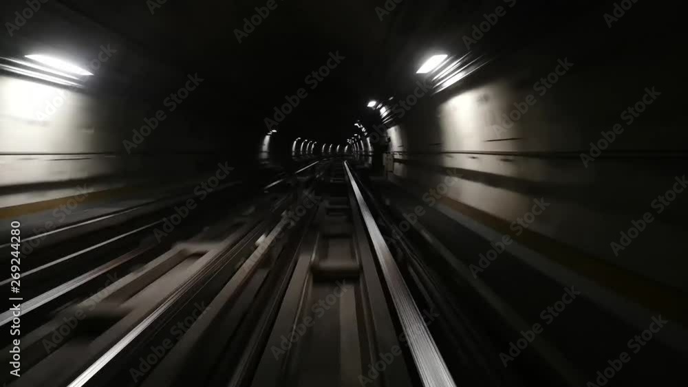Hyperlapse. Metro in Turin , Italy. POV Train riding in the subway tunnel