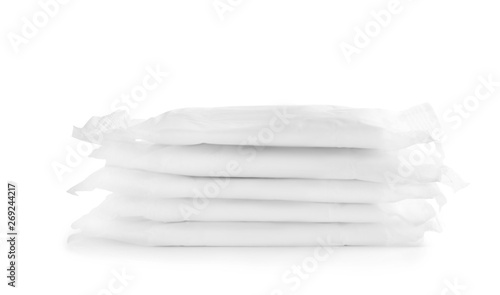 Stack of menstrual pads on white background. Gynecological care