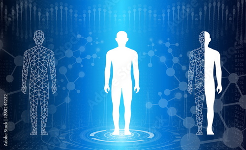 abstract background technology concept in blue light,brain and human body heal ,technology modern medical science in future and global international medical with tests analysis clone DNA human