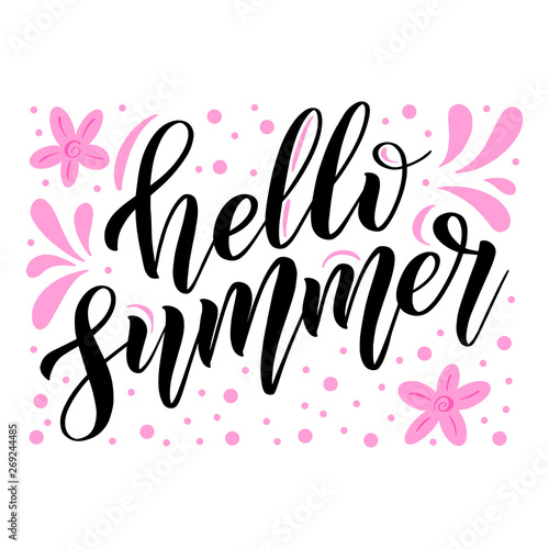 Hello summer. Greeting design element for cards. Black isolated cursive and pastel pink ornament. Calligraphic bounce style. Brush pen lettering. Handwritten phrase.