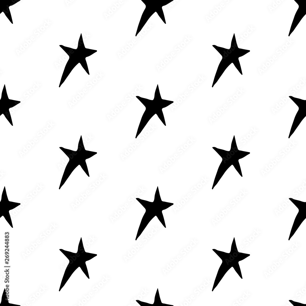 Obraz premium Cute cartoon star background with hand drawn stars. Sweet vector black and white star background. Seamless monochrome doodle star background for textile, wallpapers, wrapping paper, cards and web.