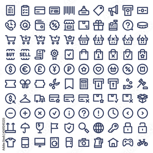 Set of 100 Online shopping, E-commerce, store and delivery icons for Ui and web. Vector line icons.