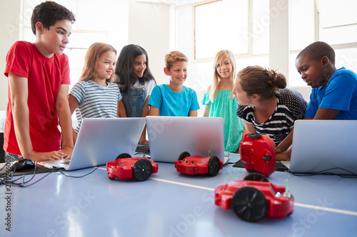 Slika na platnu Group Of Students In After School Computer Coding Class Learning To Program Robo