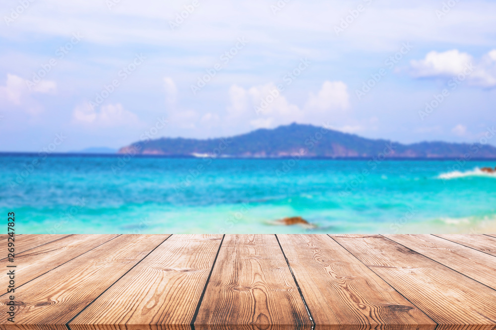 Wood table and beautiful seascape background Wood table and beautiful seascape background