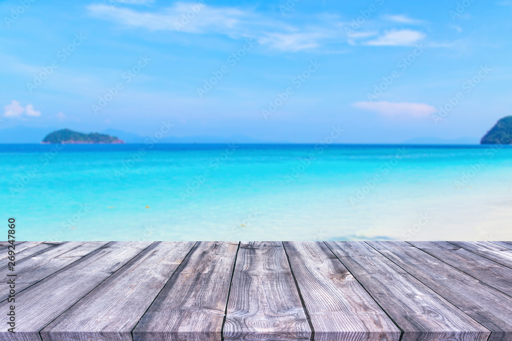 Wood table and beautiful seascape background