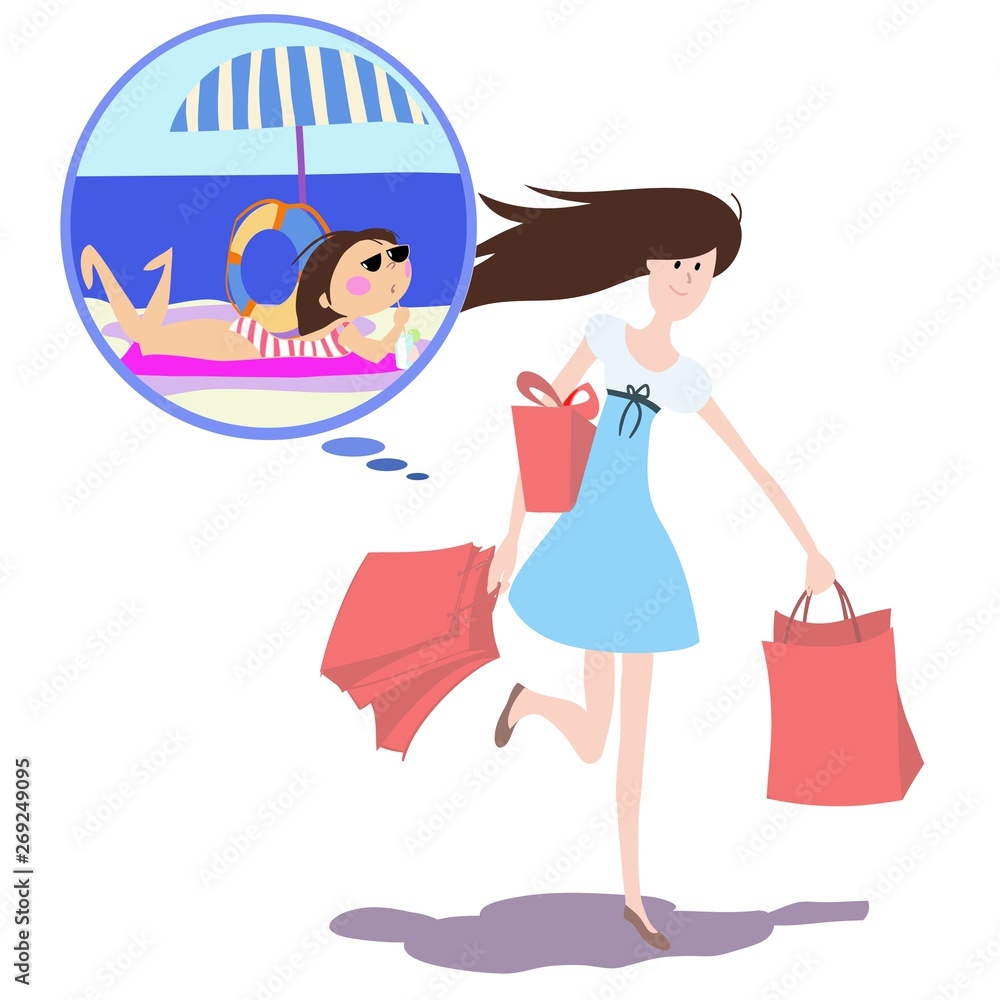 The picture shows a young beautiful slim girl, runs from the store, with shopping bags, in her head the thought of relaxing on the seashore, cartoon character, color illustration in vector The picture shows a young beautiful slim girl, runs from the store, with shopping bags, in her head the thought of relaxing on the seashore, cartoon character, color illustration in vector