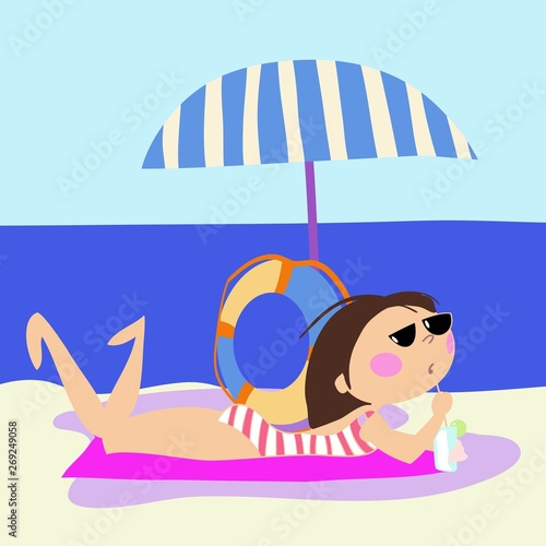 The girl sunbathes on the beach in sunglasses and a swimsuit, cartoon character, color illustration in vector