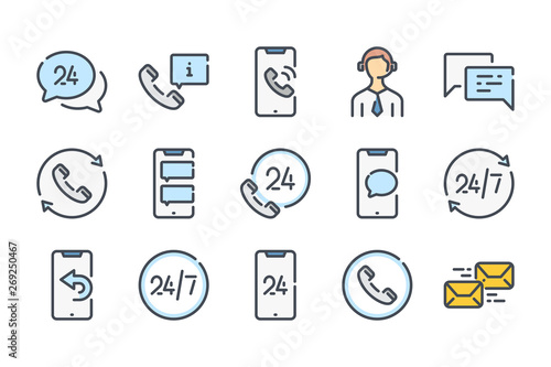 Support and call center related color line icon set. Telemarketing and sales colorful linear icons. Support services flat color outline vector sign collection.