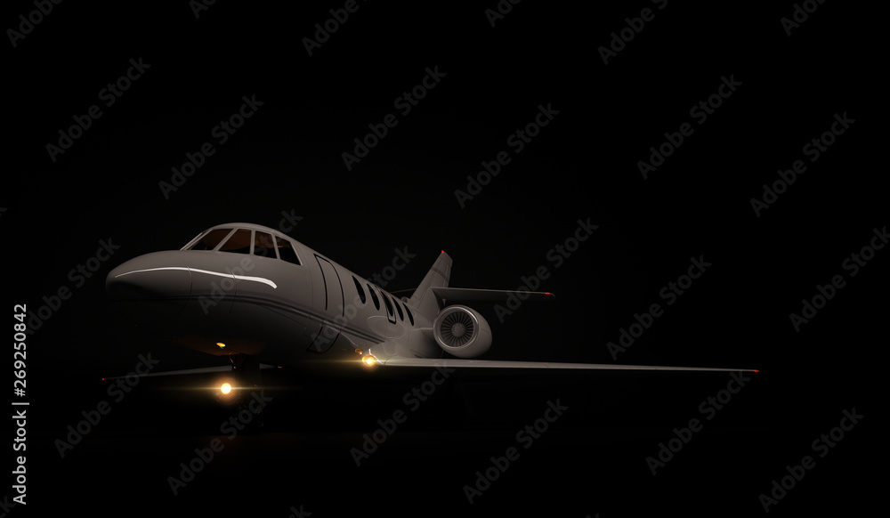 Luxury Generic Design Private Jet plane parking on black background. 3d render