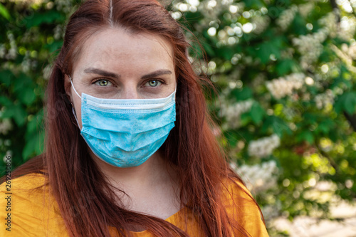 Medical concept. Woman suffer from pollen allergy. Clean air lack of oxygen, bad ecology and dirty air.