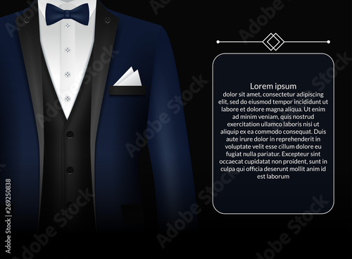 Business suit template with black tie and white shirt in realistic style isolated vector illustration