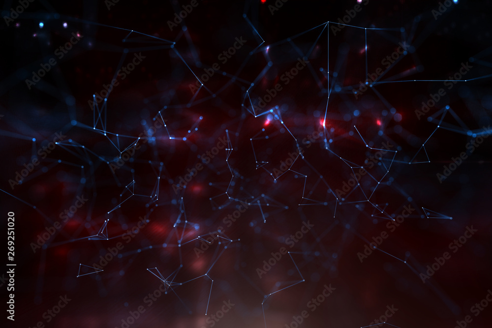 Abstract cyber space network lines and dots on dark blue red background. Selective focus used. 3d illustration. Abstract cyber space network lines and dots on dark blue red background. Selective focus used. 3d illustration.