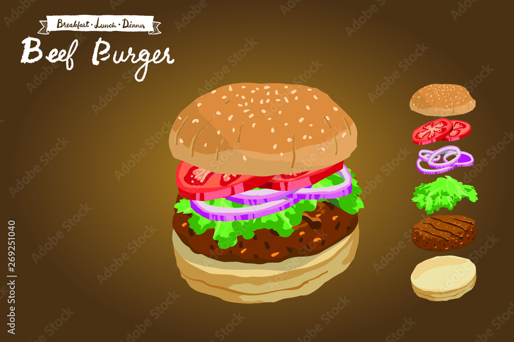 Beef burger with sliced tomatoes, shallots and lettuce illustration isolated on gradient background Beef burger with sliced tomatoes, shallots and lettuce illustration isolated on gradient background