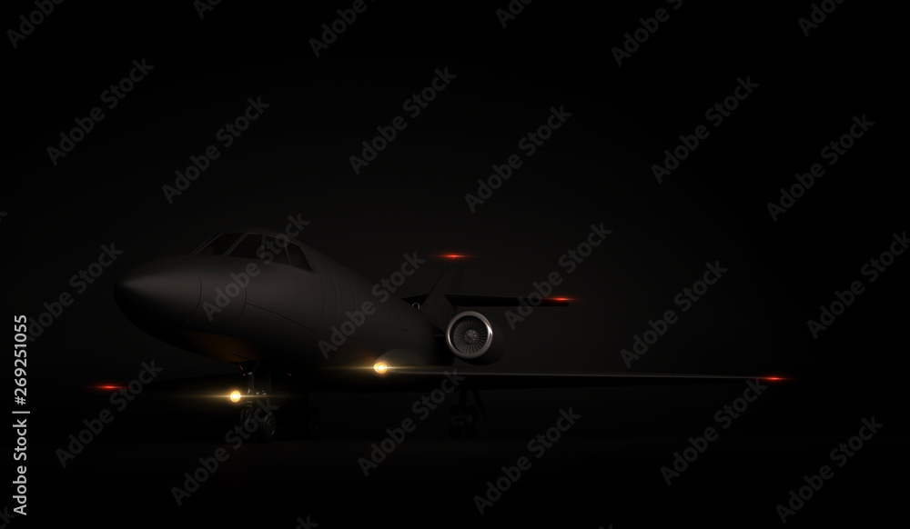 Luxury Generic Design Private Jet plane parking on black background. 3d render