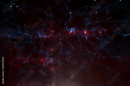 Abstract cyber space network lines and dots on dark blue red background. Selective focus used. 3d illustration. © robsonphoto