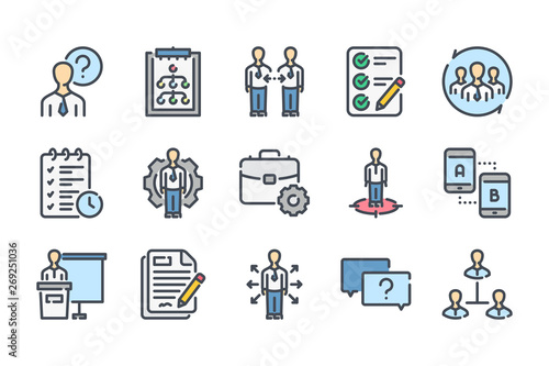 Management related color line icon set. Business people colorful linear icons. Collaboration flat color outline vector sign collection.