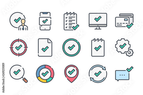 Approve related color line icon set. Agreement and checkmark colorful linear icons. Check marks and ticks flat color outline vector signs and symbols collection.