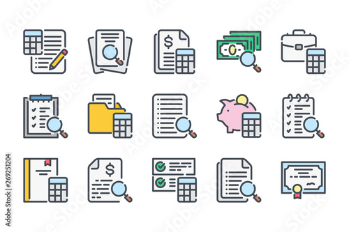 Accounting and auditing related color line icon set. Calculations colorful linear icons. Finance review flat color outline vector signs and symbols collection.