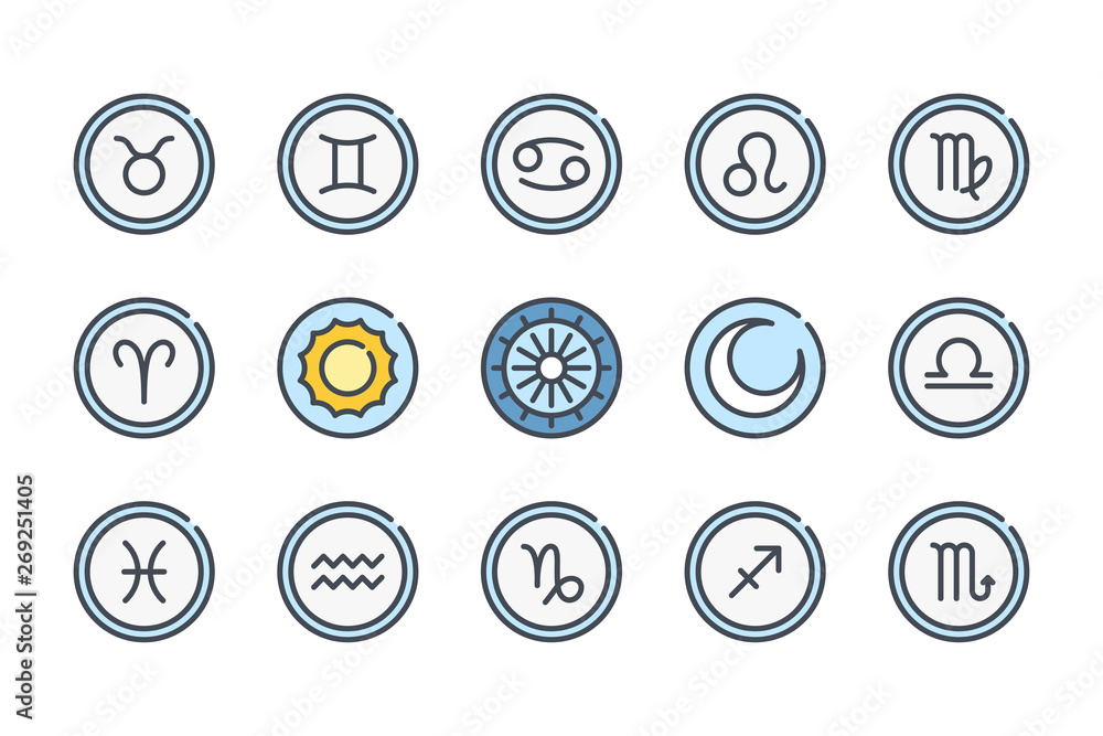 Zodiac related color line icon set. Astrology colorful linear icons. Horoscope flat color outline vector signs and symbols collection.