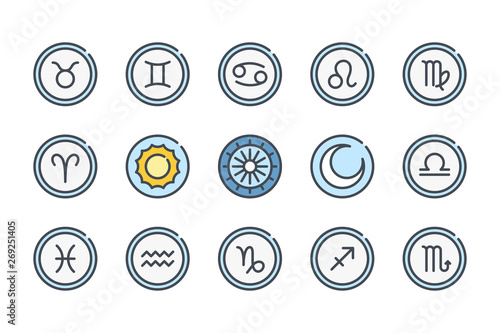 Zodiac related color line icon set. Astrology colorful linear icons. Horoscope flat color outline vector signs and symbols collection.