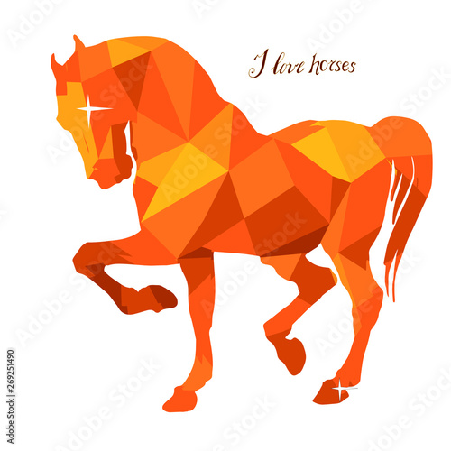  prancing horse, vector-isolated image on a white background in the style of low Poly and lettering , amber color