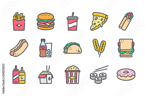 Fast food related color line icon set. Street food colorful linear icons. Burger, hotdog and sandwich flat color outline vector signs and symbols collection.