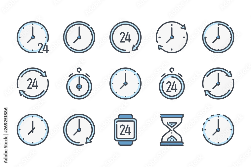 Time and clock related color line icon set. Watch and timer furniture colorful linear icons. Time management flat color outline vector signs and symbols collection. Time and clock related color line icon set. Watch and timer furniture colorful linear icons. Time management flat color outline vector signs and symbols collection.