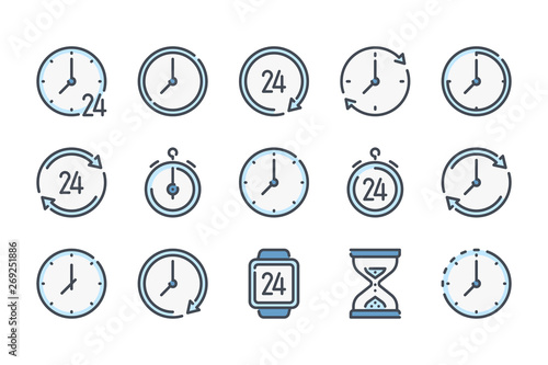 Time and clock related color line icon set. Watch and timer furniture colorful linear icons. Time management flat color outline vector signs and symbols collection.