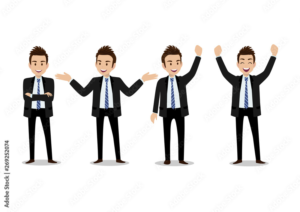 Businessman cartoon character, set of four poses. Handsome business man in office style smart suit . Vector illustration Businessman cartoon character, set of four poses. Handsome business man in office style smart suit . Vector illustration