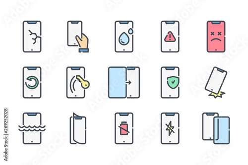Mobile phone repair related color line icon set. Smartphone protection colorful linear icons. Cell phone problems flat color outline vector signs and symbols collection.