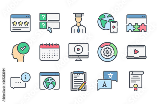 Education and e-learning related color line icons. Lectire and test, quiz colorful vector icon set.