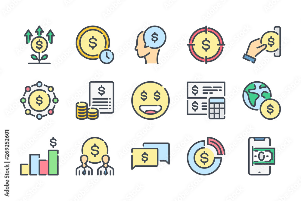 Money related color line icon set. Finance colorful linear icons. Banking flat color outline vector signs and symbols collection.
