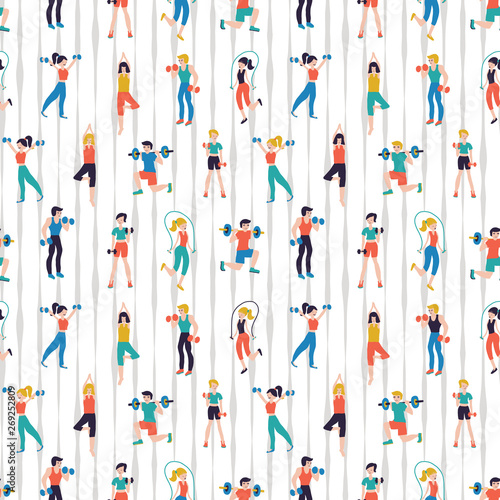 Workout fitness center seamless pattern vector illustration. Sport club background