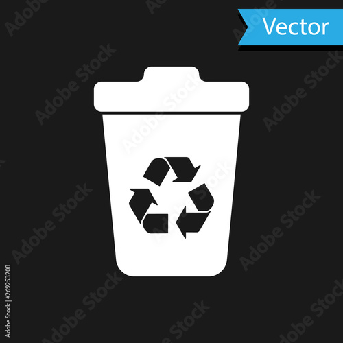 White Recycle bin with recycle symbol icon isolated on black background. Trash can icon. Garbage bin sign. Recycle basket sign. Vector Illustration