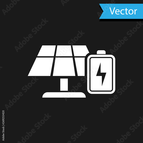 White Solar energy panel and battery icon isolated on black background. Vector Illustration