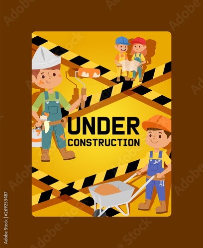 Under construction vector constructor children builder character building construction design illustration backdrop of worker contractor kid buildup constructively background banner