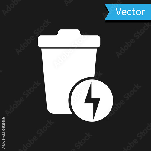 White Lightning with trash can icon isolated on black background. Waste to energy. Garbage bin sign. Recycle basket sign. Vector Illustration
