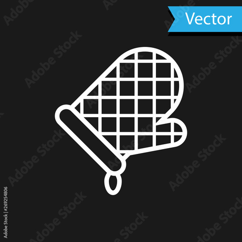 White Oven glove icon isolated on black background. Kitchen potholder sign. Cooking glove. Vector Illustration