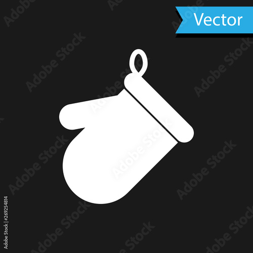 White Oven glove icon isolated on black background. Kitchen potholder sign. Cooking glove. Vector Illustration