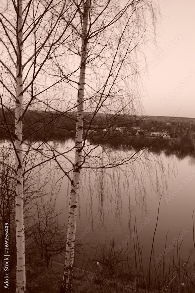 The embankment of the Vaytka river in Kirov, Russia. Distant view of the river. Landscape. Birches. The embankment of the Vaytka river in Kirov, Russia. Distant view of the river. Landscape. Birches.
