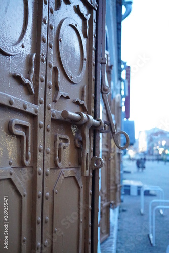 Large metal door with antique forging close-up.