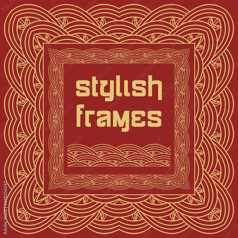 Golden frames with waves on red background for celebration design.