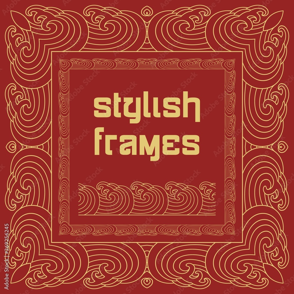 Modern golden frames with waves on red background for celebration design. Modern golden frames with waves on red background for celebration design.