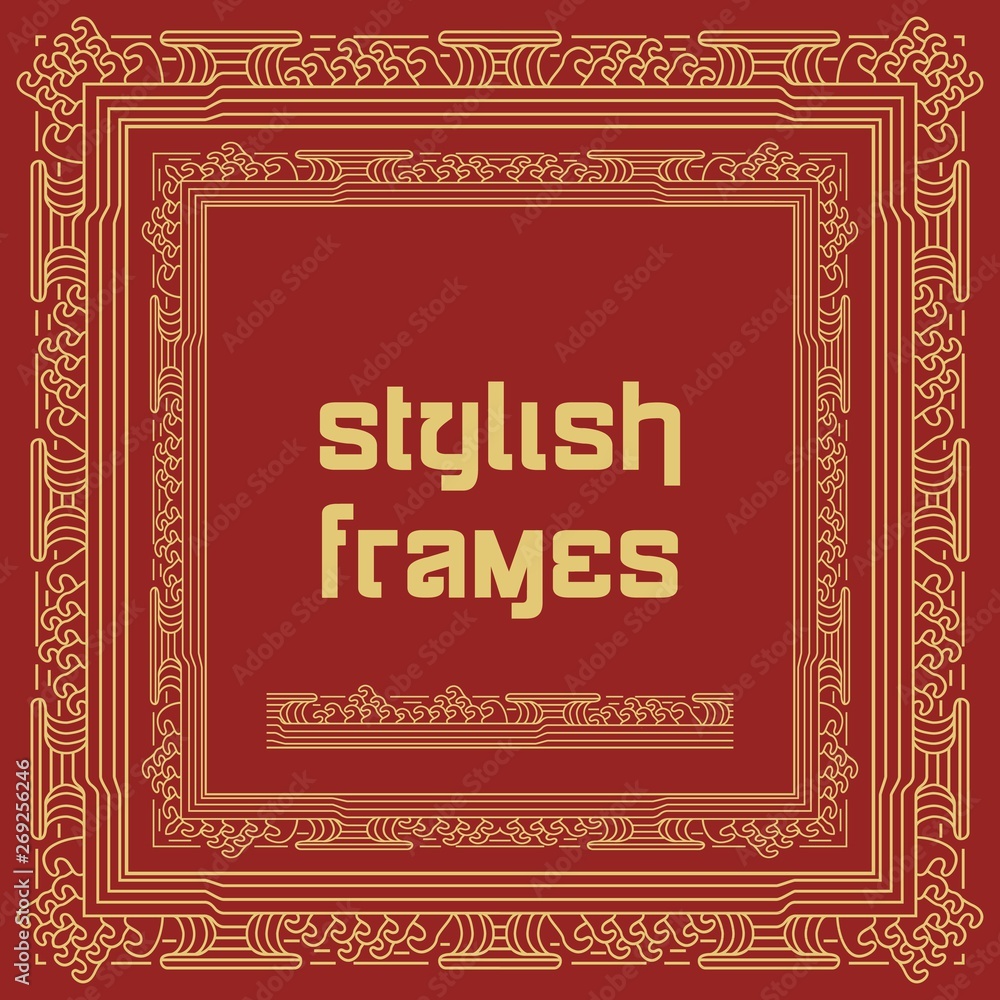 Stylized sea waves frames. Chinese golden style set design on red background. Stylized sea waves frames. Chinese golden style set design on red background.