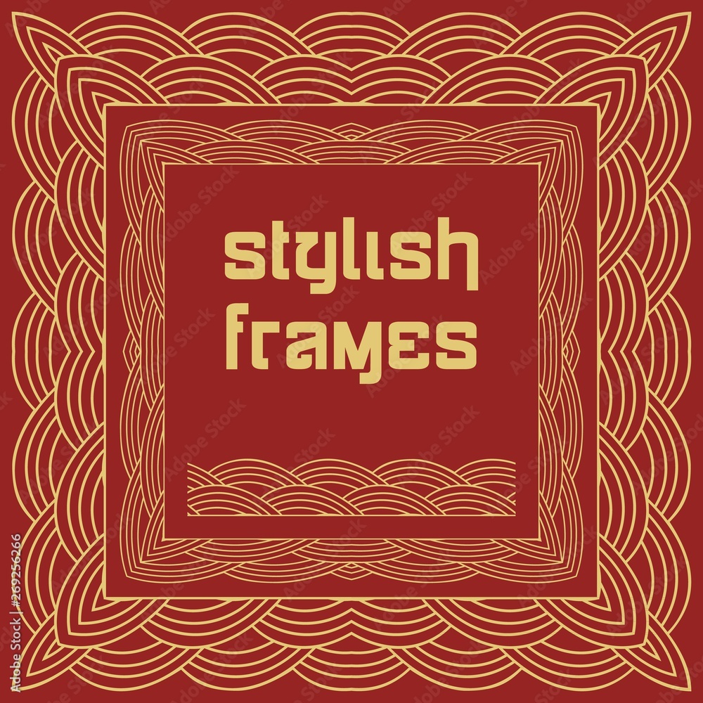Chinese frames in oriental style on red background. Golden wave ornament. Greeting card. Chinese traditional design, golden decoration.