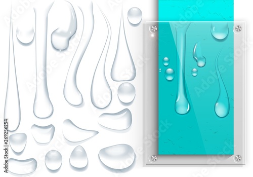 Water drops set. 3D realistic transparent stains and splashes of rain. Glass plate for design concept.