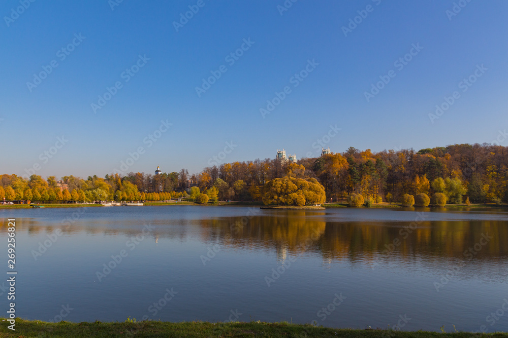 Moscow, Russia - October 18, 2018: Landscape vie to the Great Tsaritsyno Palace in museum-reserve Tsaritsyno