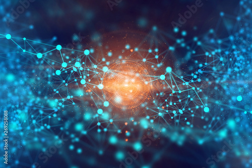 ai technology, robotic system, molecule of chemical, atom cell plexus and science, abstract futuristic universe cyber network server online, background illustration 3d rendering photo