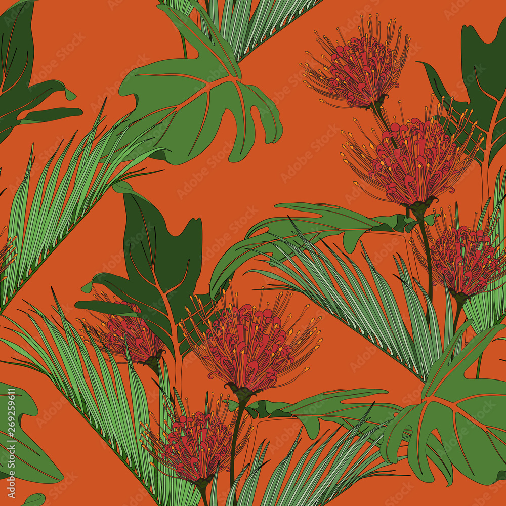 Fototapeta Exotic tropical protea and palm leaves, bright orange background. Floral seamless pattern.