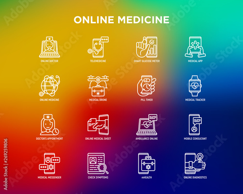 Online medicine, telemedicine thin line icons set: pill timer, ambulance online, medical drone, medical tracker, mHealth, messenger, check symptoms, mobile consultant. Modern vector illustration.